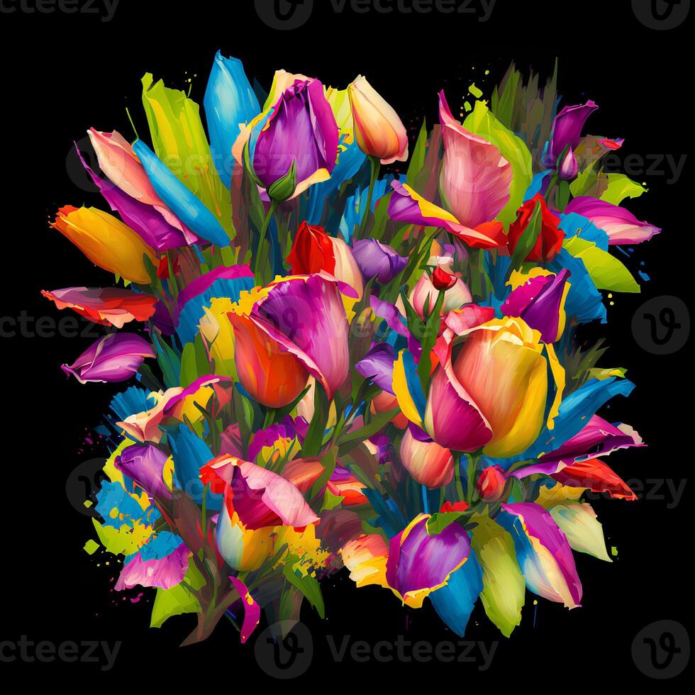 un ramo de flores de vistoso flores, un brillante paisaje floral, un festivo floral exhibición, floral petróleo pintura en lona , todavía vida flores cuadro, diseñado con artificial inteligencia, generativo ai foto