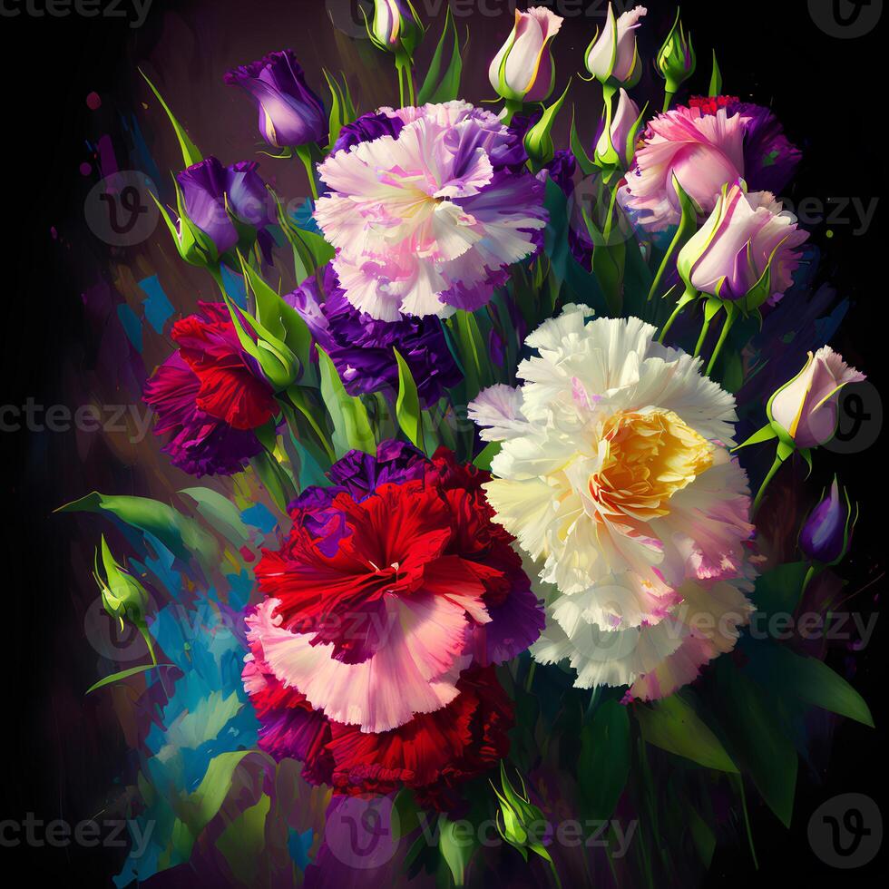 A Bouquet of Colorful Blooms, A Brilliant Bloomscape, A Festive Floral Display,Floral Oil painting on canvas , Still life flowers painting, Designed with artificial intelligence, photo