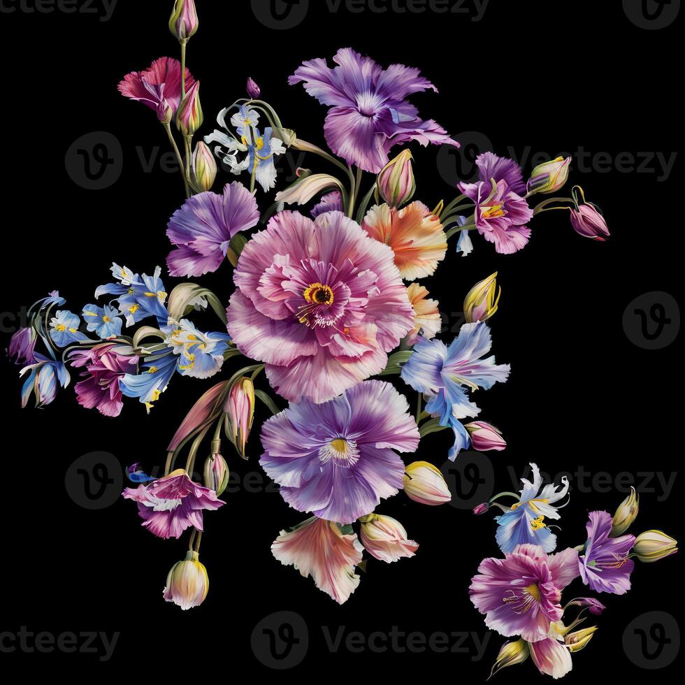 A Bouquet of Colorful Blooms, A Brilliant Bloomscape, A Festive Floral Display,Floral Oil painting on canvas , Still life flowers painting, Designed with artificial intelligence, photo