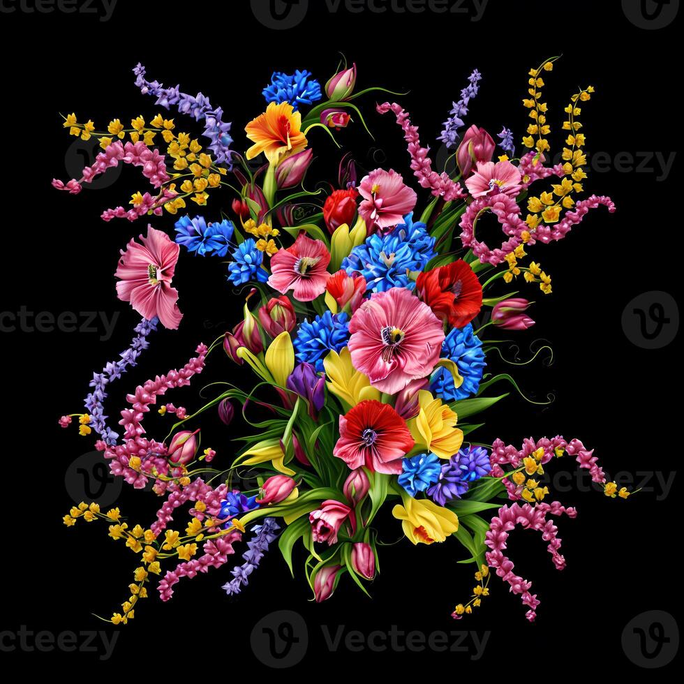 A Bouquet of Colorful Blooms, A Brilliant Bloomscape, A Festive Floral Display,Floral Oil painting on canvas , Still life flowers painting, Designed with artificial intelligence, photo