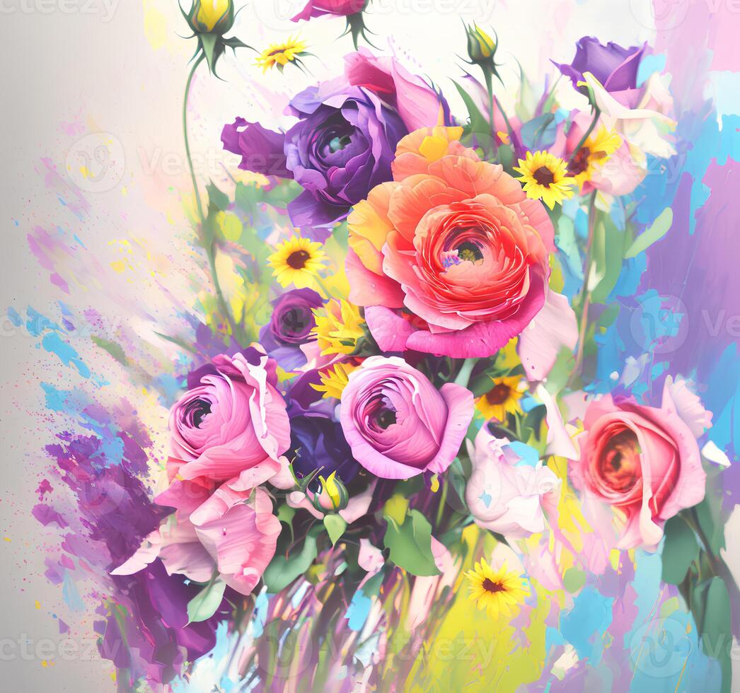 A Bouquet of Colorful Blooms, A Brilliant Bloomscape, A Festive Floral Display,Floral Oil painting on canvas , Still life flowers painting, Designed with artificial intelligence, photo