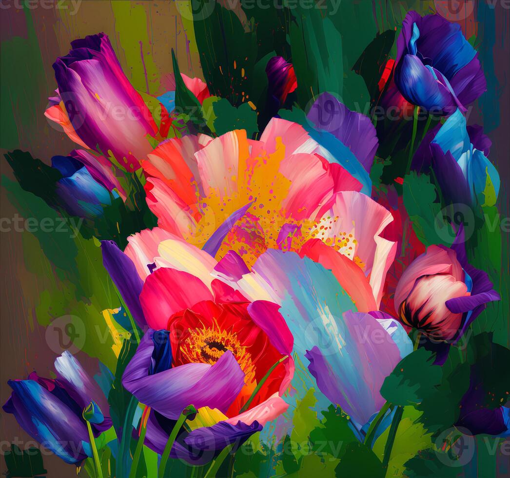 A Bouquet of Colorful Blooms, A Brilliant Bloomscape, A Festive Floral Display,Floral Oil painting on canvas , Still life flowers painting, Designed with artificial intelligence, photo