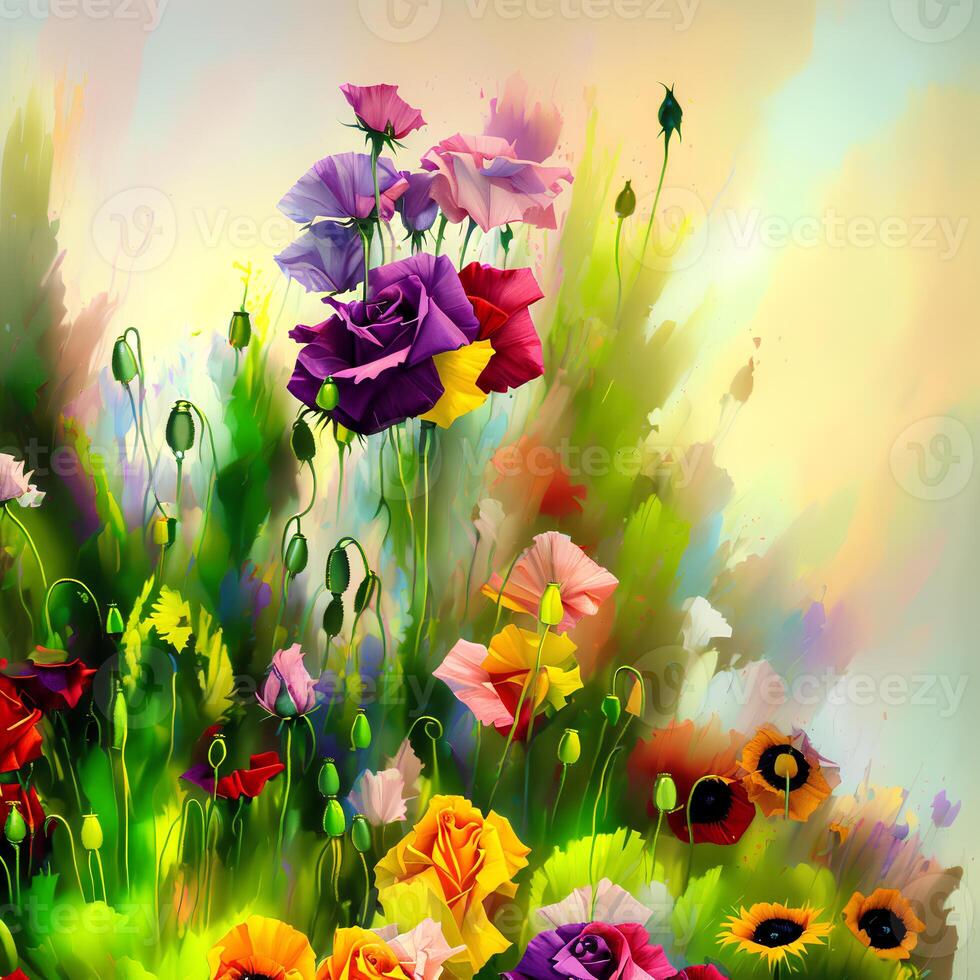 A Bouquet of Colorful Blooms, A Brilliant Bloomscape, A Festive Floral Display,Floral Oil painting on canvas , Still life flowers painting, Designed with artificial intelligence, photo