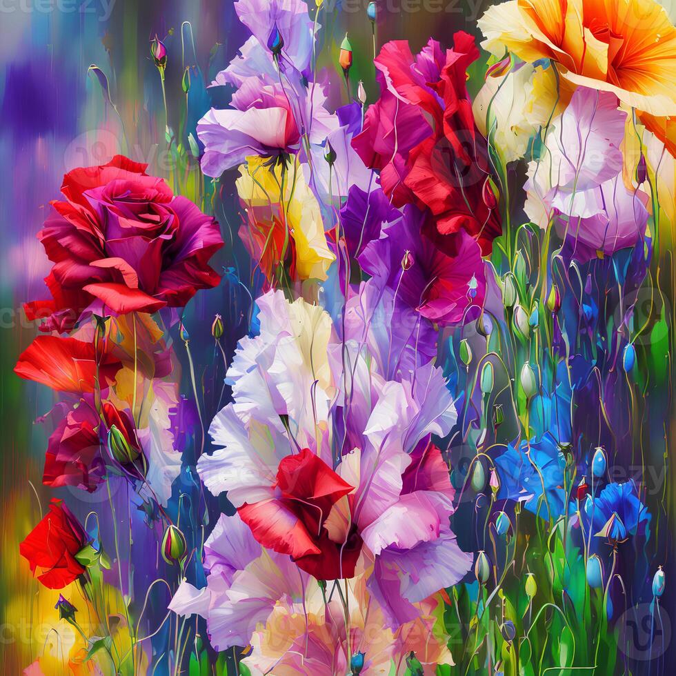 A Bouquet of Colorful Blooms, A Brilliant Bloomscape, A Festive Floral Display,Floral Oil painting on canvas , Still life flowers painting, Designed with artificial intelligence, photo