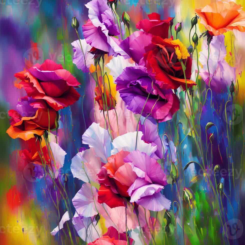 A Bouquet of Colorful Blooms, A Brilliant Bloomscape, A Festive Floral Display,Floral Oil painting on canvas , Still life flowers painting, Designed with artificial intelligence, photo