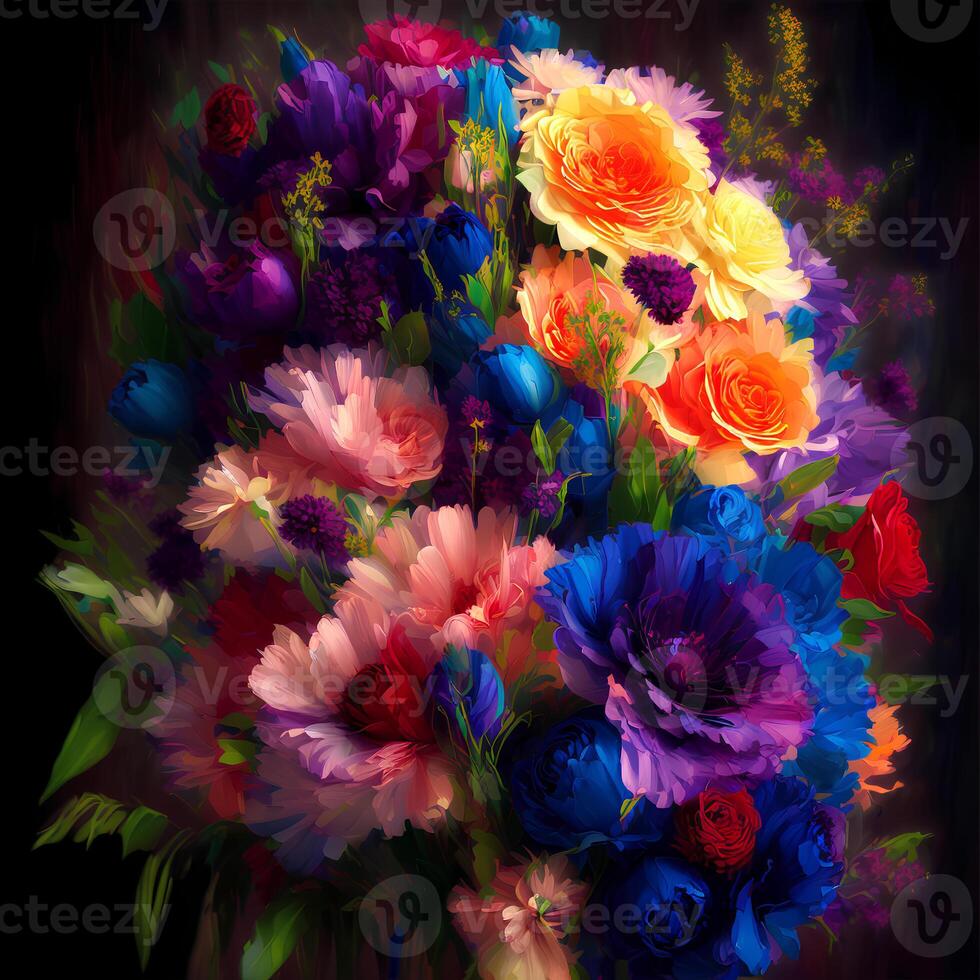 A Bouquet of Colorful Blooms, A Brilliant Bloomscape, A Festive Floral Display,Floral Oil painting on canvas , Still life flowers painting, Designed with artificial intelligence, photo
