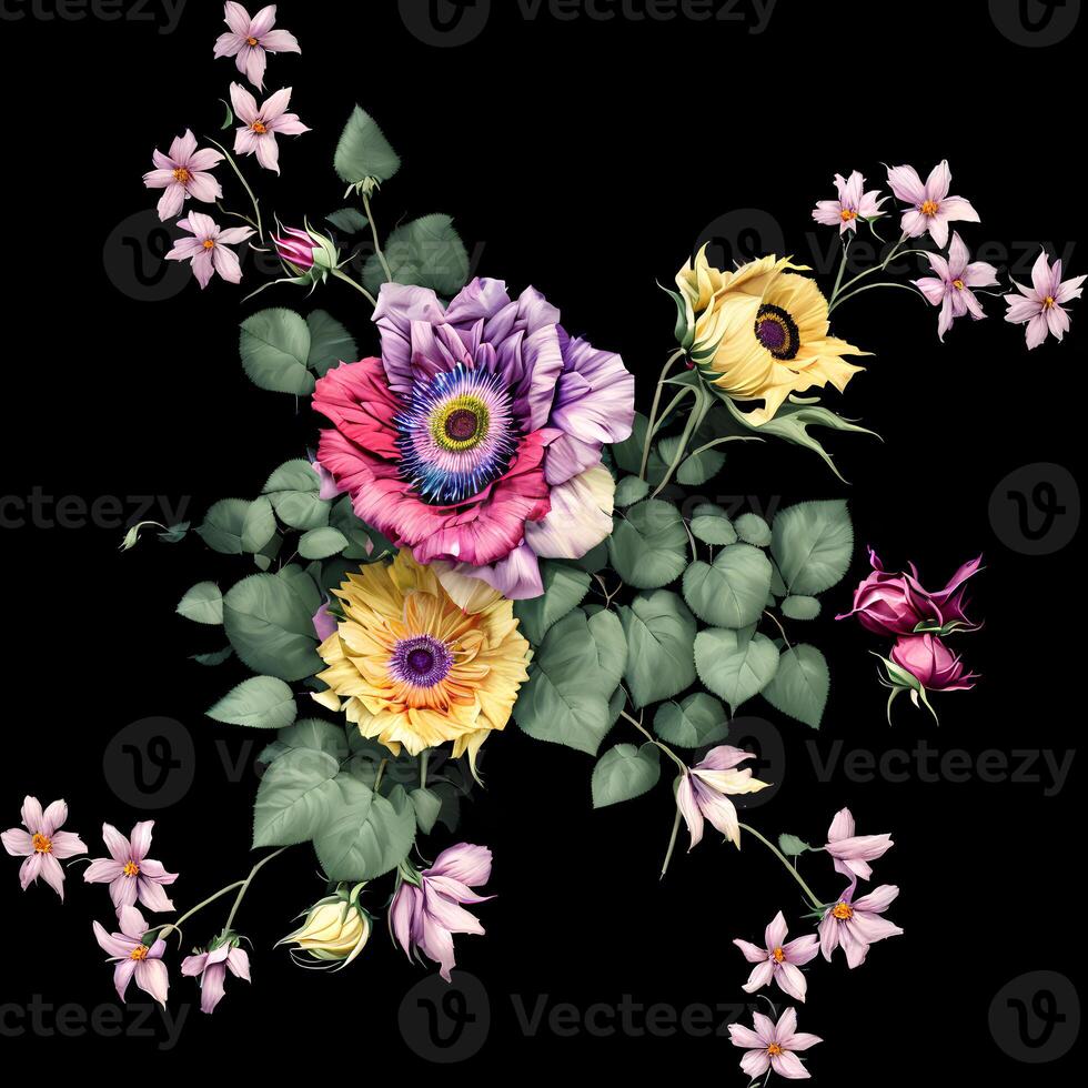 A Bouquet of Colorful Blooms, A Brilliant Bloomscape, A Festive Floral Display,Floral Oil painting on canvas , Still life flowers painting, Designed with artificial intelligence, photo