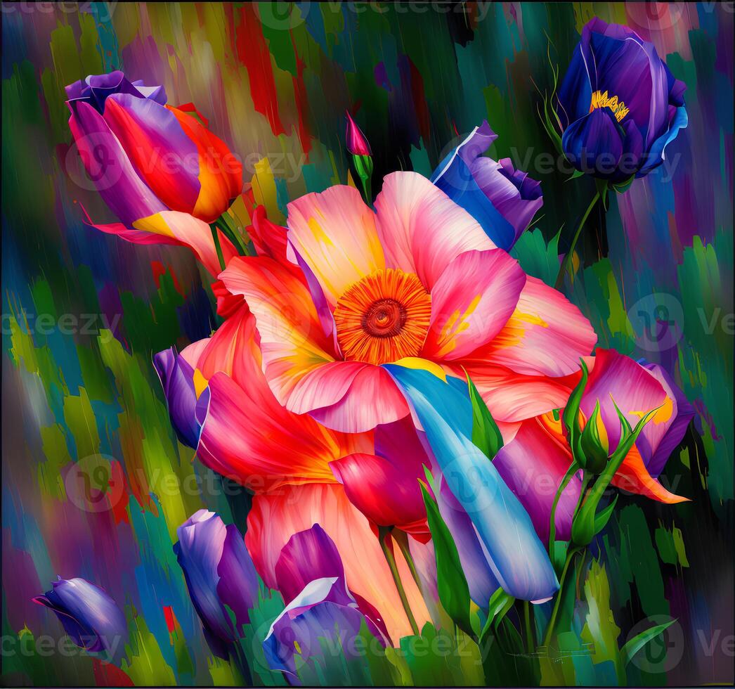 A Bouquet of Colorful Blooms, A Brilliant Bloomscape, A Festive Floral Display,Floral Oil painting on canvas , Still life flowers painting, Designed with artificial intelligence, photo