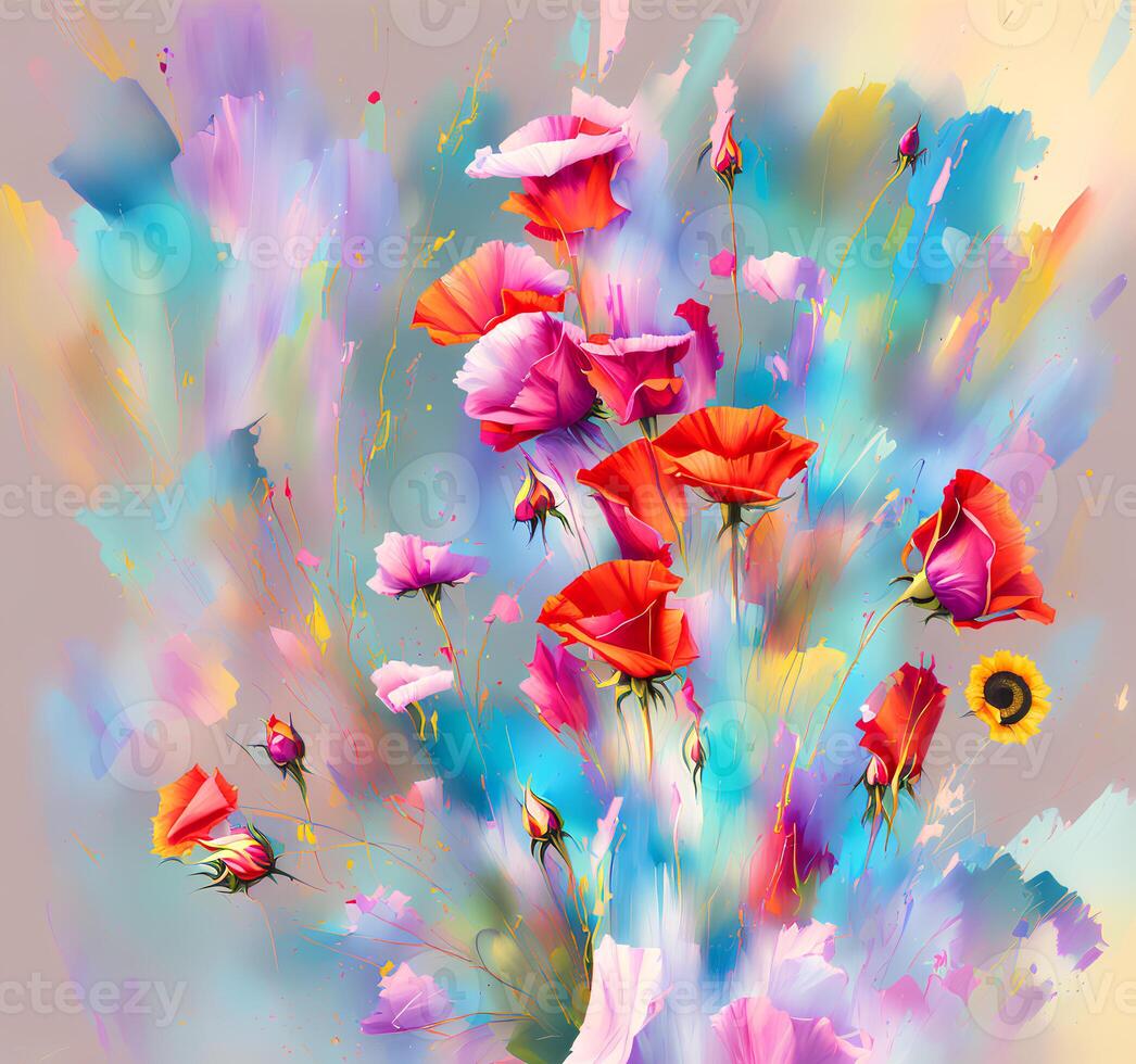 A Bouquet of Colorful Blooms, A Brilliant Bloomscape, A Festive Floral Display,Floral Oil painting on canvas , Still life flowers painting, Designed with artificial intelligence, photo