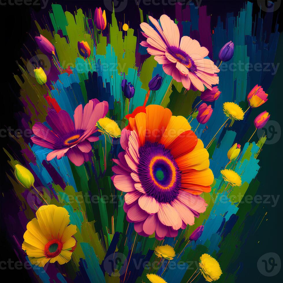 un ramo de flores de vistoso flores, un brillante paisaje floral, un festivo floral exhibición, floral petróleo pintura en lona , todavía vida flores cuadro, diseñado con artificial inteligencia, generativo ai foto