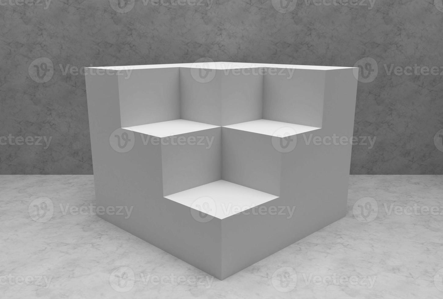 Cube display 3D illustration. wall background. photo