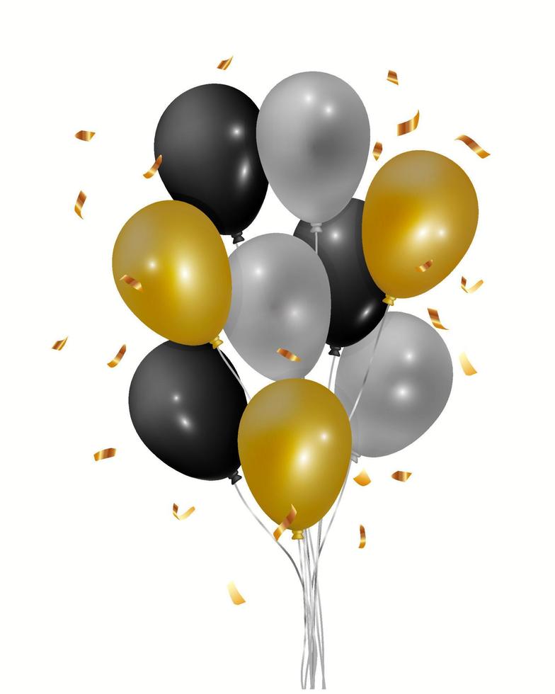Bunch of golden, white and black balloons with serpentine or confetti. Vector design.