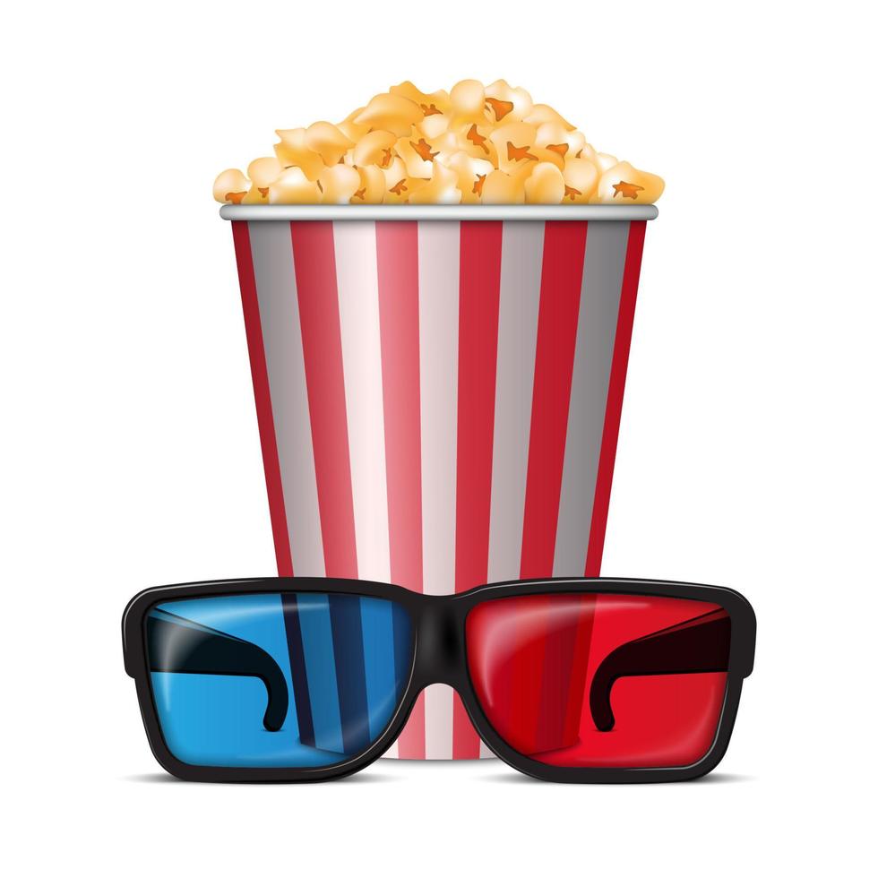 Crunchy popcorn snack in striped bucket with 3D glasses, vector illustration