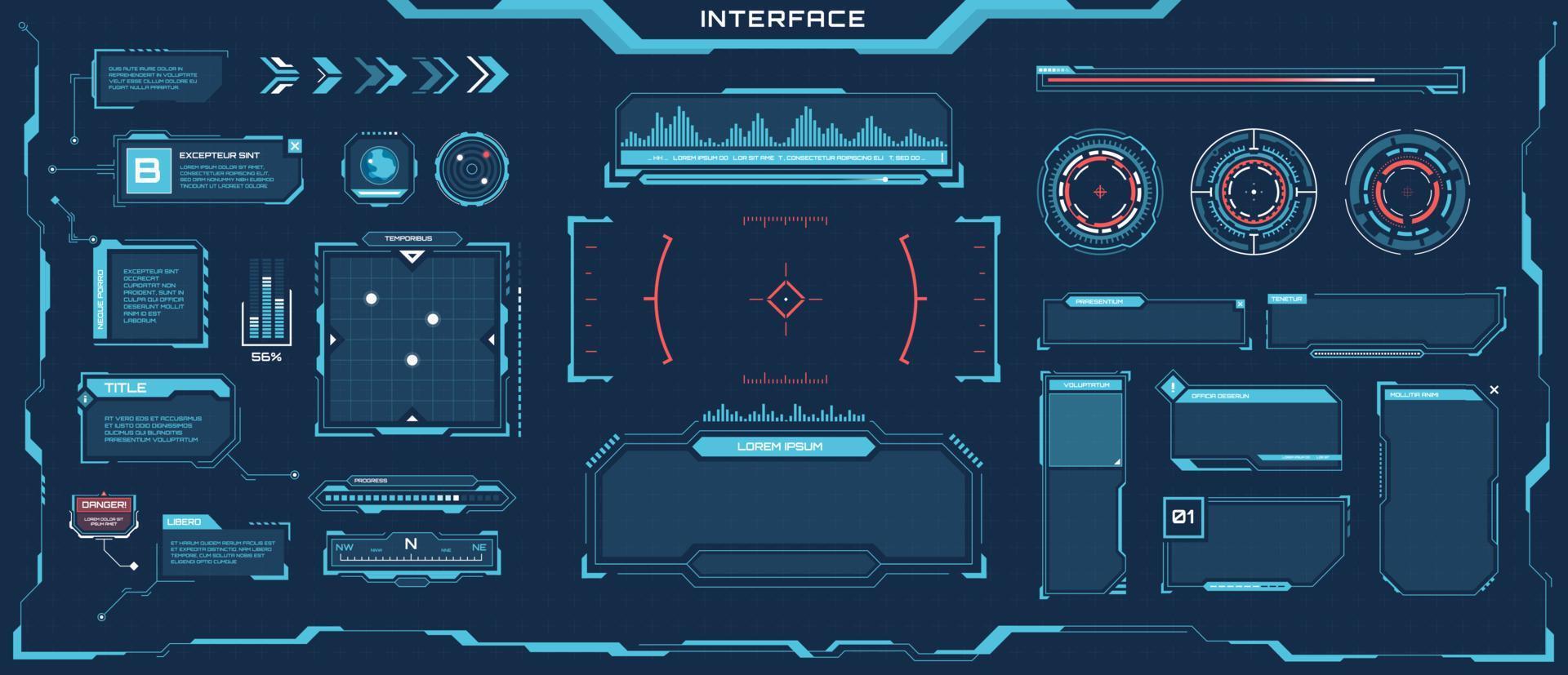 Futuristic hud elements. Cyberpunk space digital panels, frames, callout titles, progress bars. Sci-fi game interface element vector set