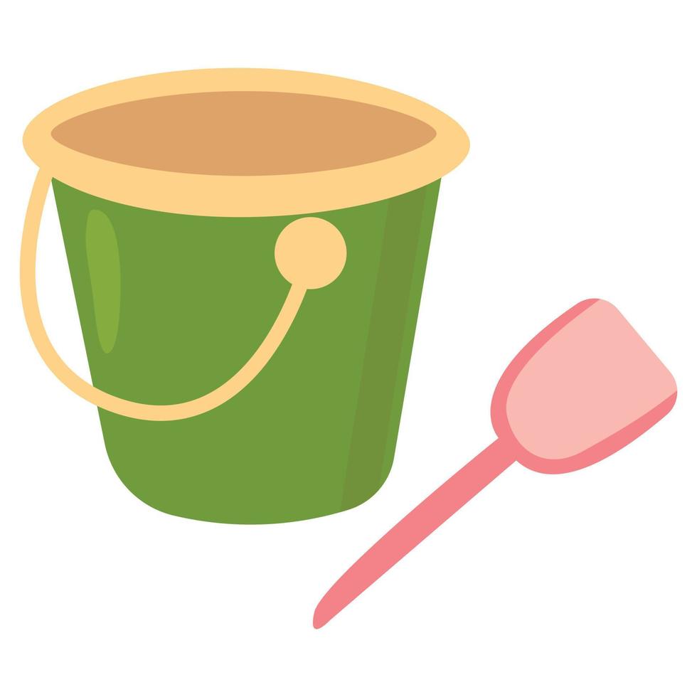 Cute hand drawn children's beach bucket with a shovel. White background, isolate. Vector illustration.
