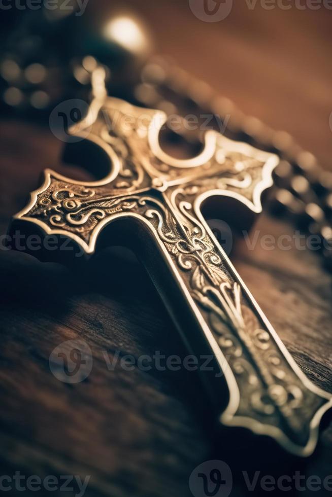 Close-up of a silver cross on a wooden table, shallow depth of field photo