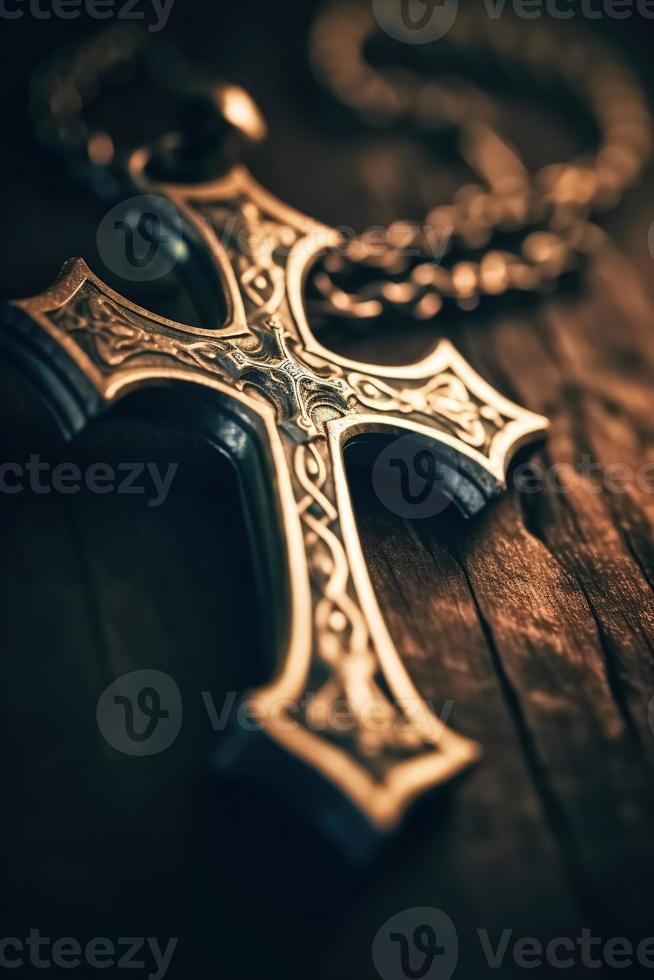 Close-up of a silver cross on a wooden table, shallow depth of field photo