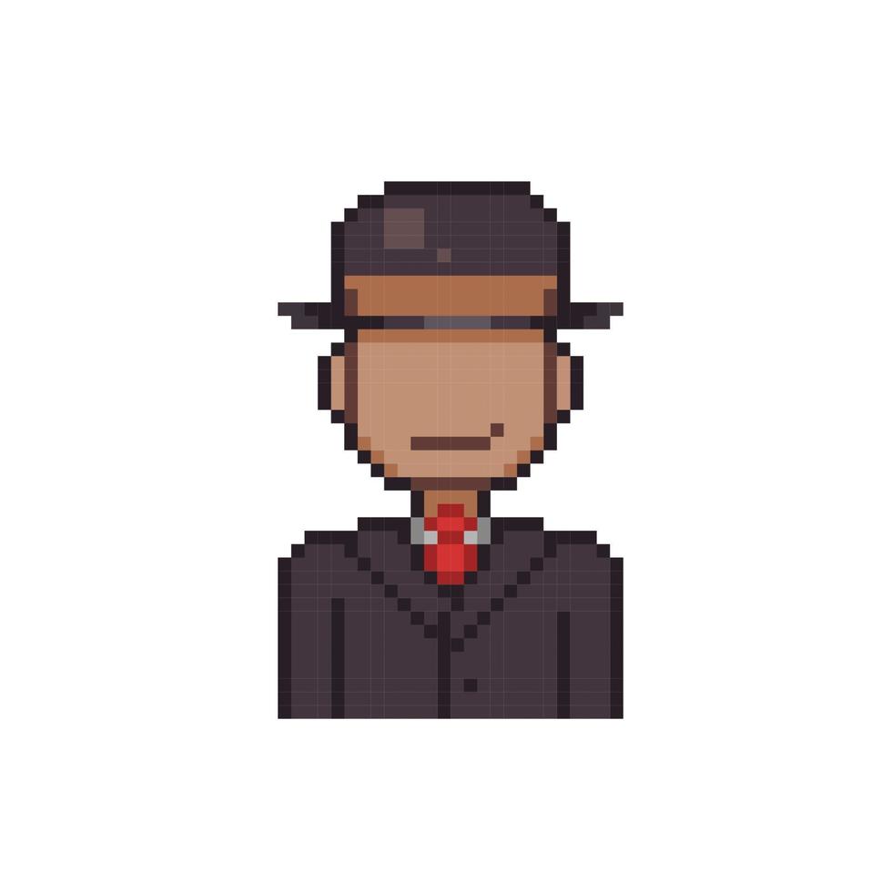 a man wearing hat and black suit in pixel art style vector