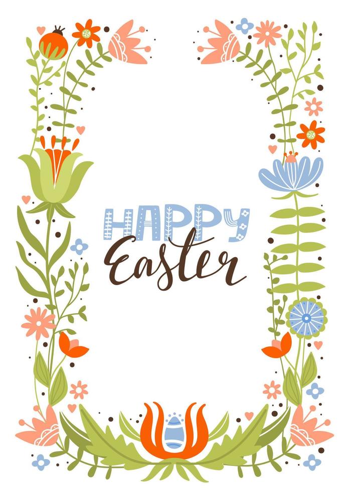 Happy Easter greeting card. Spring floristic frame border with various flowers, branch and leaves. Creative lettering composition. Vector illustration for card, invitation, poster, flyer etc.