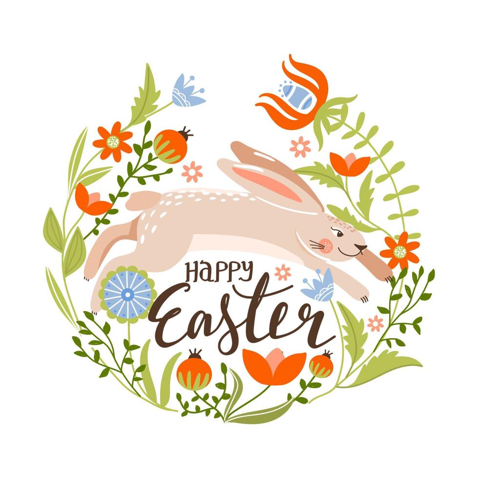 Happy Easter greeting card with cute bunny, flowers, leaves and lettering. Rabbits on a floral background. Vector illustration for card, invitation, poster, flyer etc.