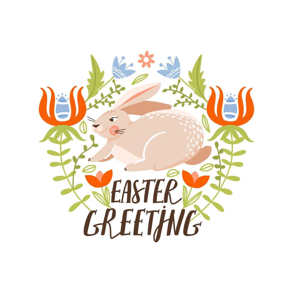 Happy Easter greeting card with cute bunny, flowers, leaves and lettering. Rabbits on a floral background. Vector illustration for card, invitation, poster, flyer etc.