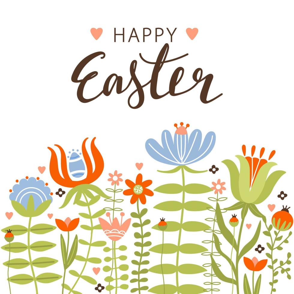 Happy Easter greeting card with various flowers and leaves. Floral composition with lettering. Vector illustration for card, invitation, poster, flyer etc.