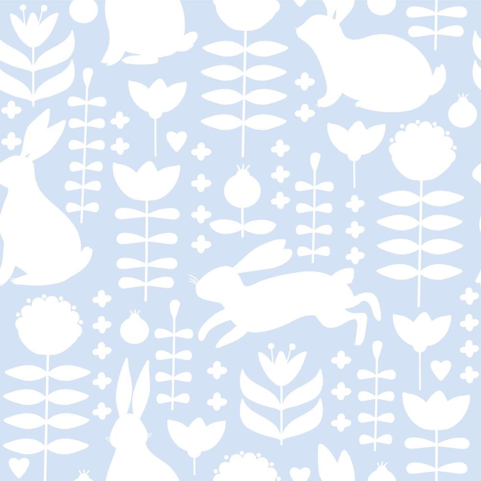 Easter seamless pattern with  silhouette of cute various bunnies, flowers and leaves on blue background. Texture for textile, postcard, wrapping paper, packaging etc. Vector illustration.