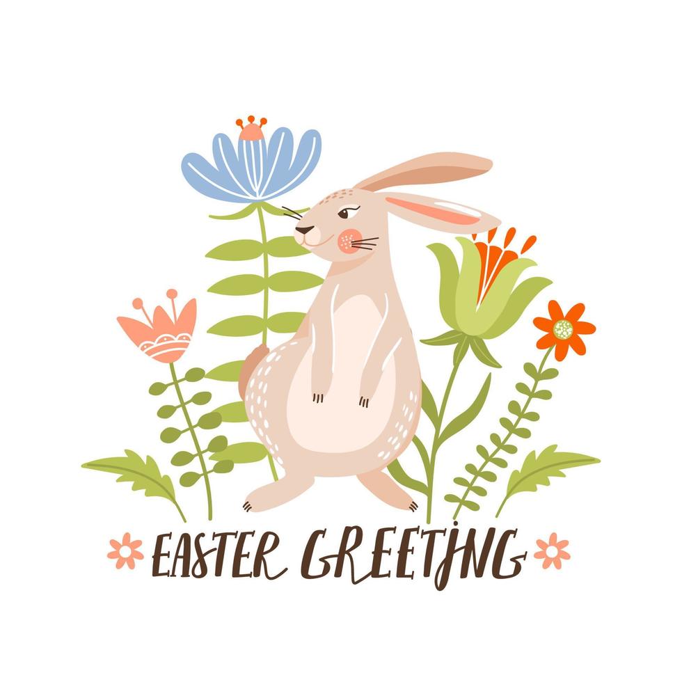 Happy Easter greeting card with cute bunny, flowers, leaves and lettering. Rabbits on a floral background. Vector illustration for card, invitation, poster, flyer etc.