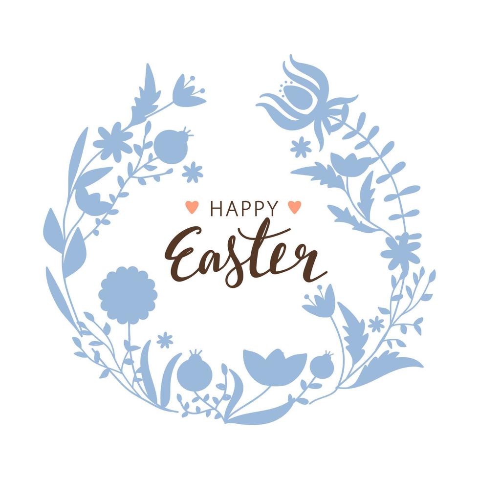 Happy Easter greeting card. Spring floristic frame border with silhouette flowers, branch and leaves. Creative lettering composition. Vector illustration for card, invitation, poster, flyer etc.