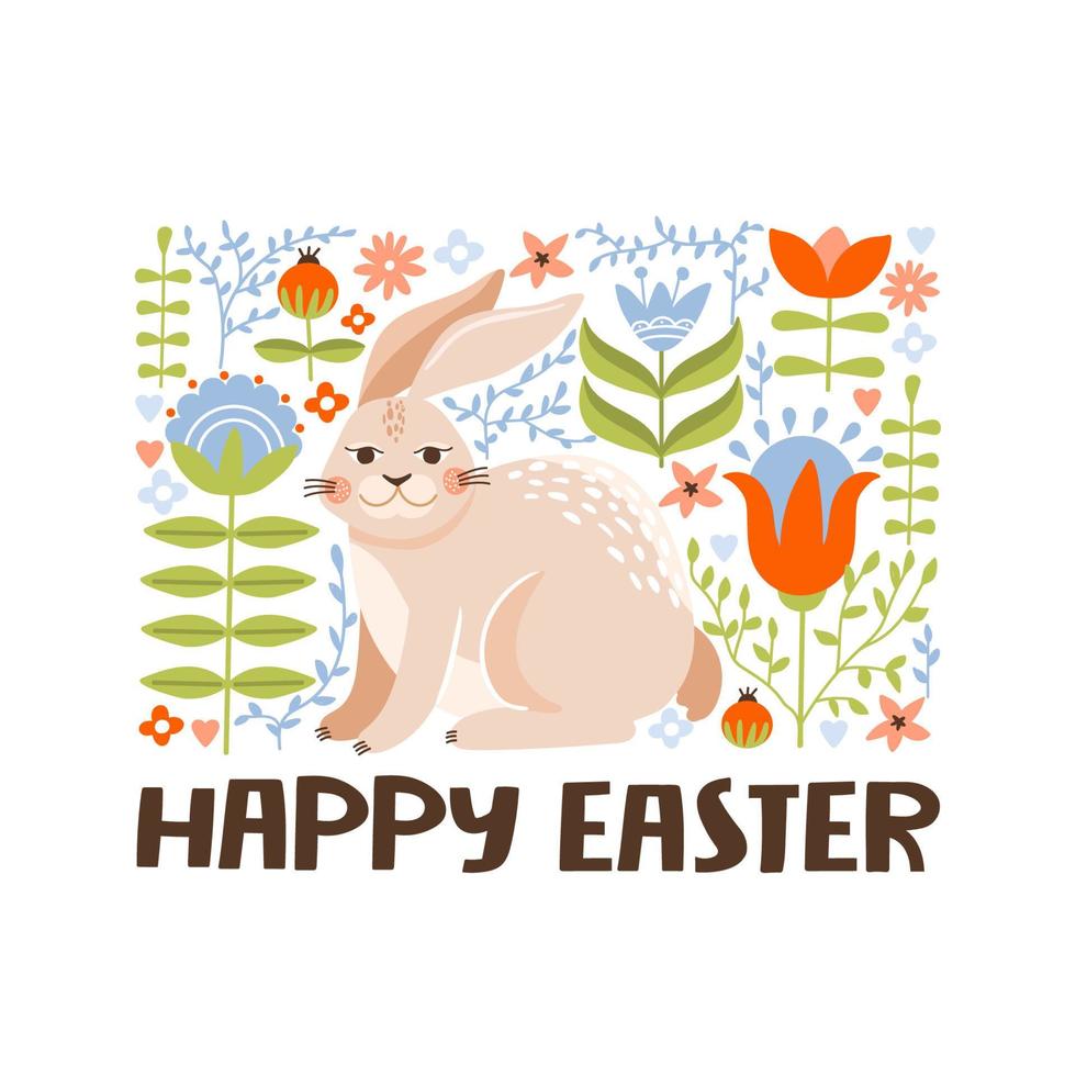 Happy Easter greeting card with cute bunny, flowers, leaves and lettering. Rabbit on a floral background. Vector illustration for card, invitation, poster, flyer etc.