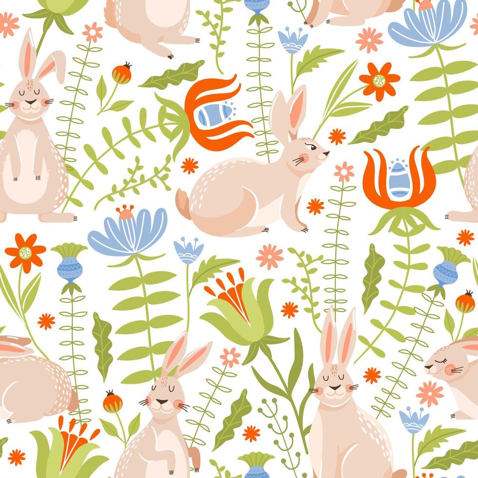 Easter seamless pattern with cute various bunnies, flowers and leaves. Texture for textile, postcard, wrapping paper, packaging etc. Vector illustration.