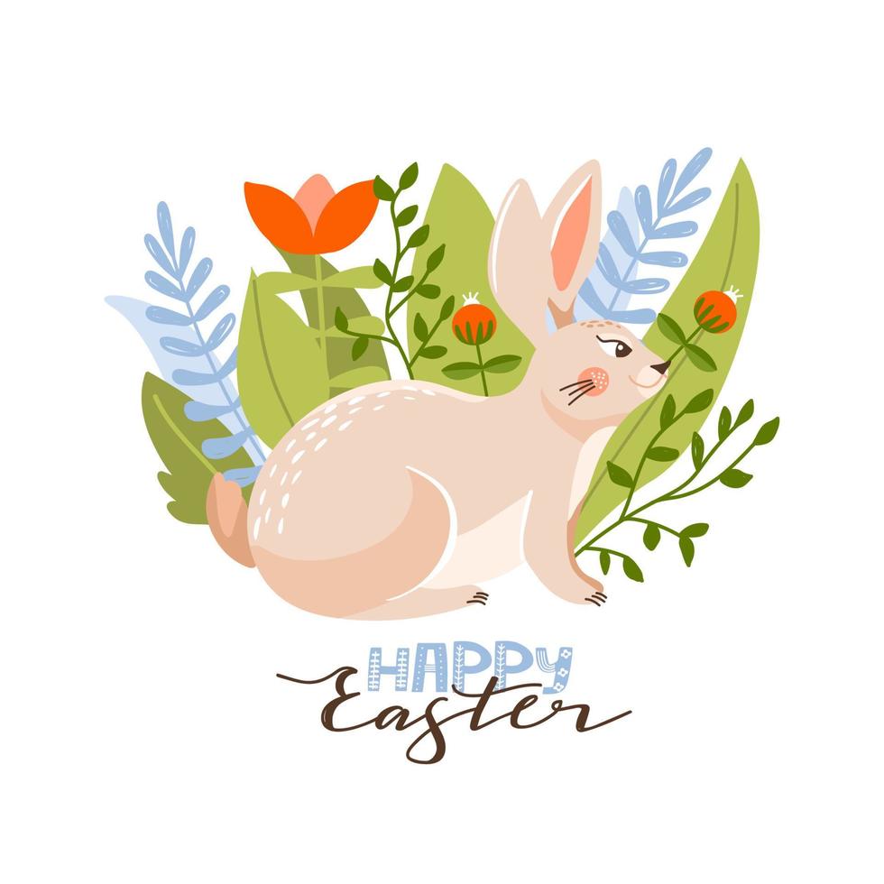 Happy Easter greeting card with cute bunny, flowers, leaves and lettering. Rabbit on a floral background. Vector illustration for card, invitation, poster, flyer etc.