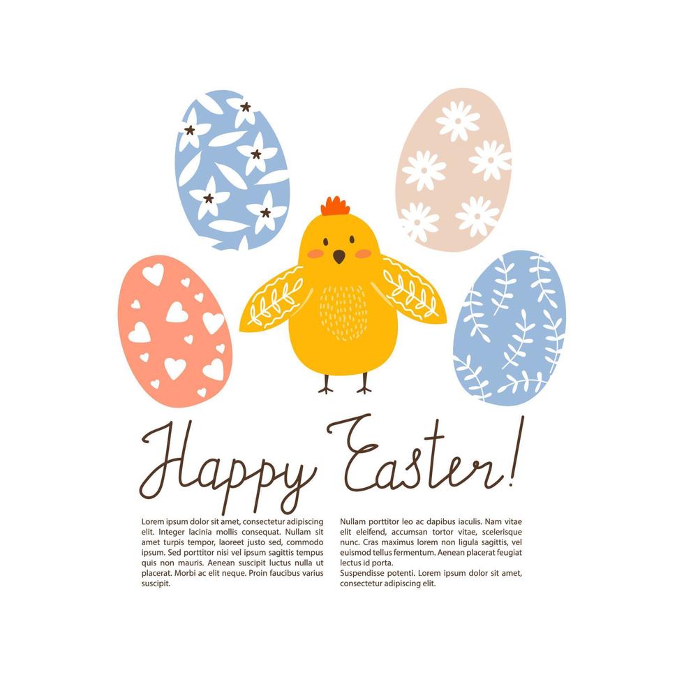 Happy Easter greeting card with cute cartoon chicken, flowers, leaves and lettering. Vector illustration for card, invitation, poster, flyer etc.