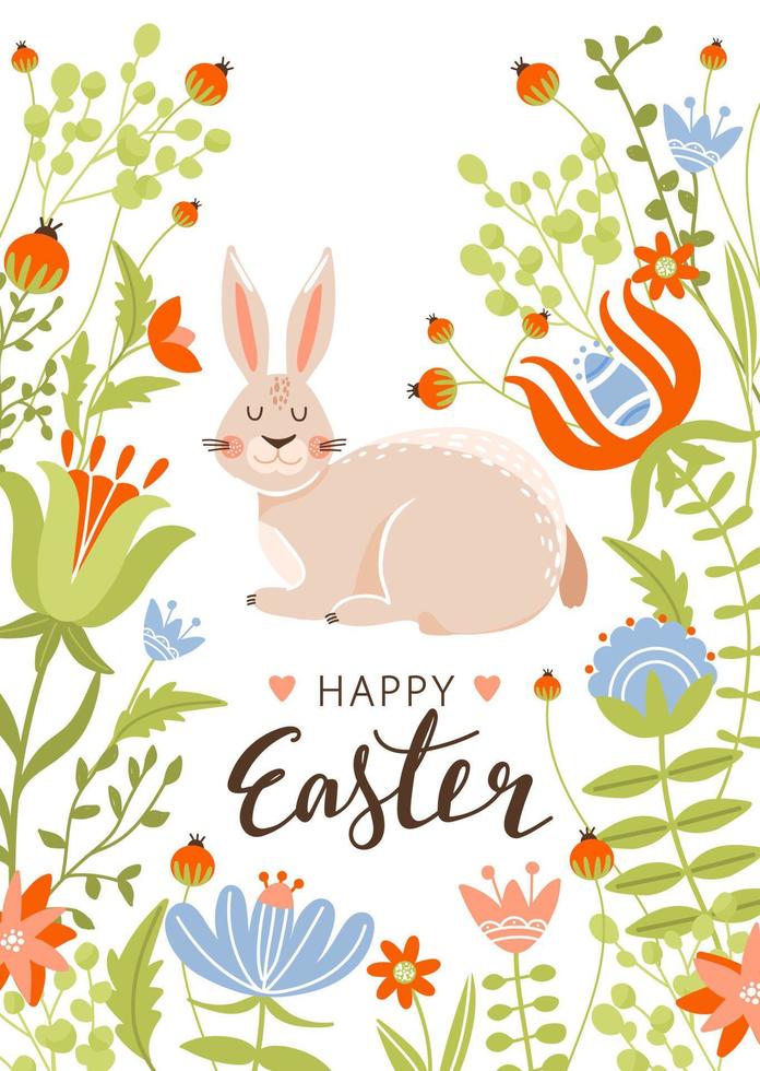 Happy Easter greeting card. Spring floristic frame border, bunny and stylish lettering. Vector illustration for card, invitation, poster, flyer etc.