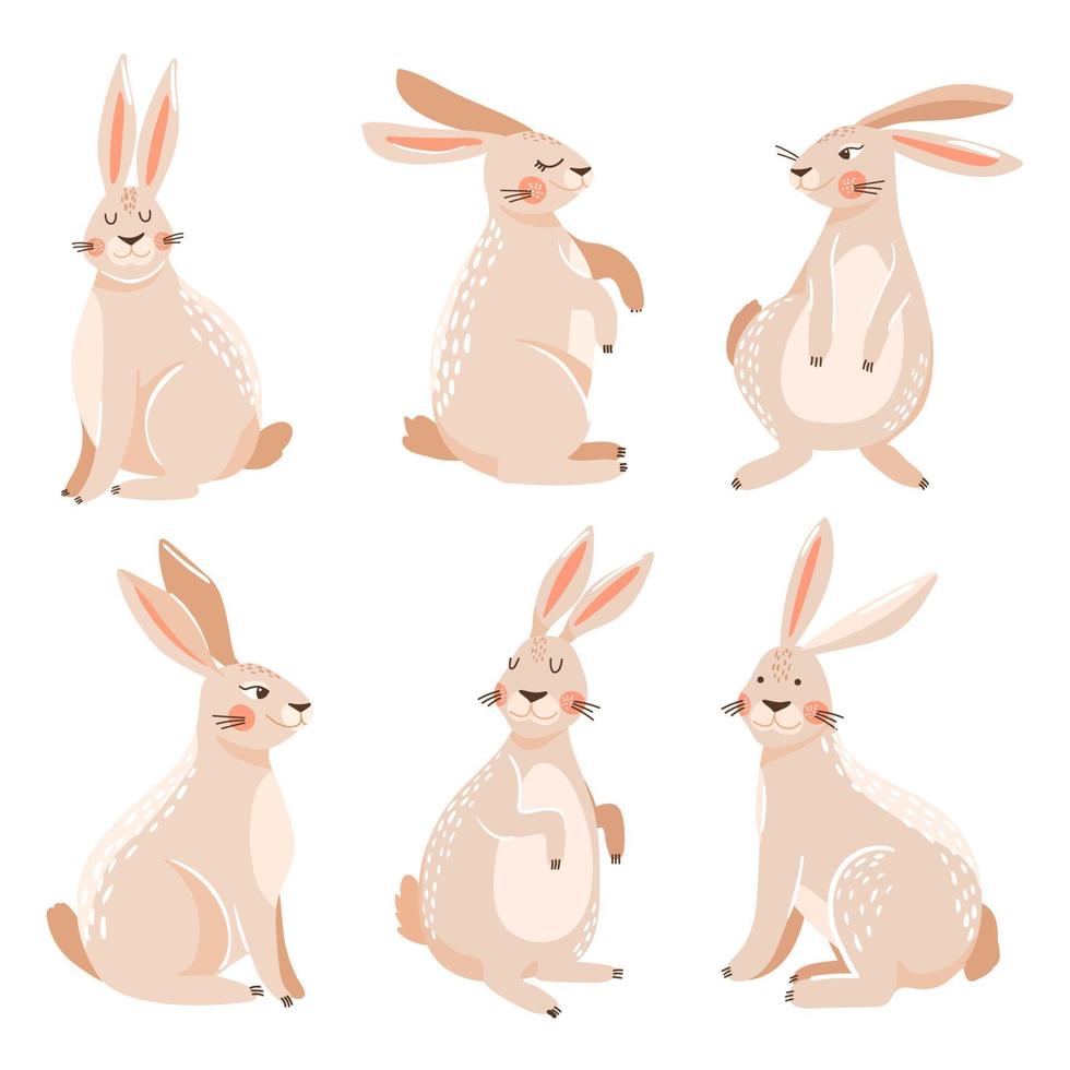 Set of cute forest bunny in various poses. Vector illustration for card, sticker, invitation, poster, packaging etc.