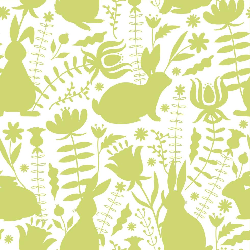 Easter seamless pattern with bunnies silhouette, flowers and leaves. Texture for textile, postcard, wrapping paper, packaging etc. Vector illustration.