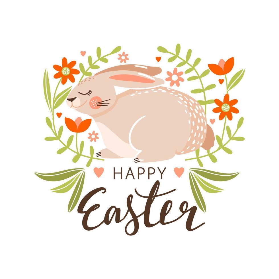 Happy Easter greeting card with cute bunny, flowers, leaves and lettering. Rabbits on a floral background. Vector illustration for card, invitation, poster, flyer etc.