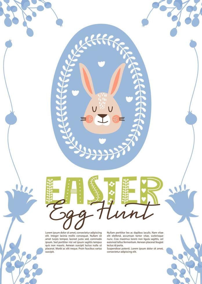 Happy Easter egg hunt invitation template with copy space. Colored egg with bunny, flowers and branches. Vector illustration for holiday card, invitation, poster, flyer etc.
