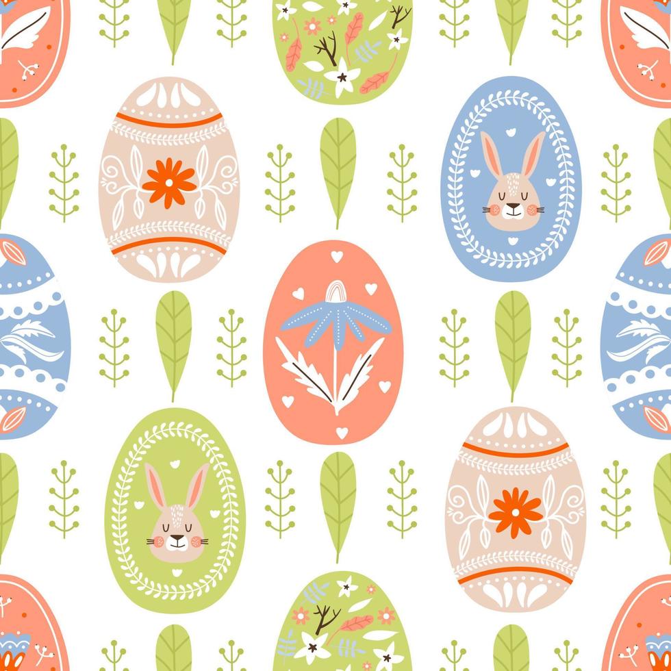 Easter seamless pattern with various colored eggs, flowers and leaves. Texture for textile, postcard, wrapping paper, packaging etc. Vector illustration.