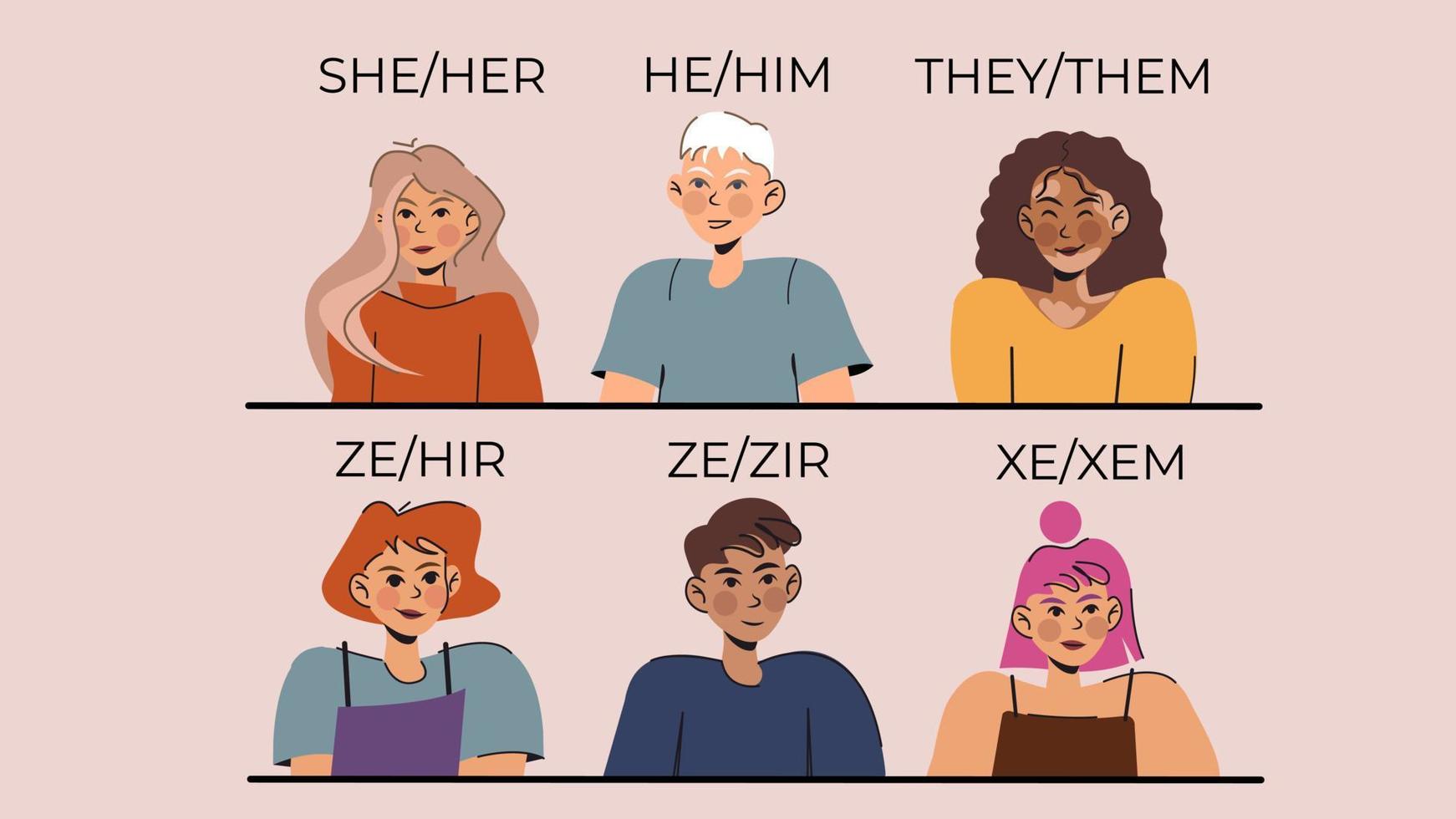 People with gender pronouns. She, he, they, non-binary. vector flat characters design