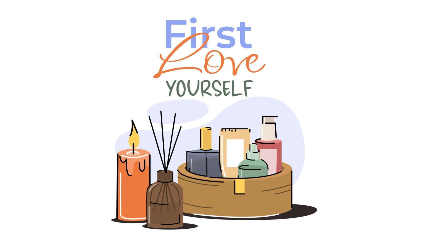 composition of cosmetic products with a diffuser and a candle. concept or poster of love and care for yourself. vector