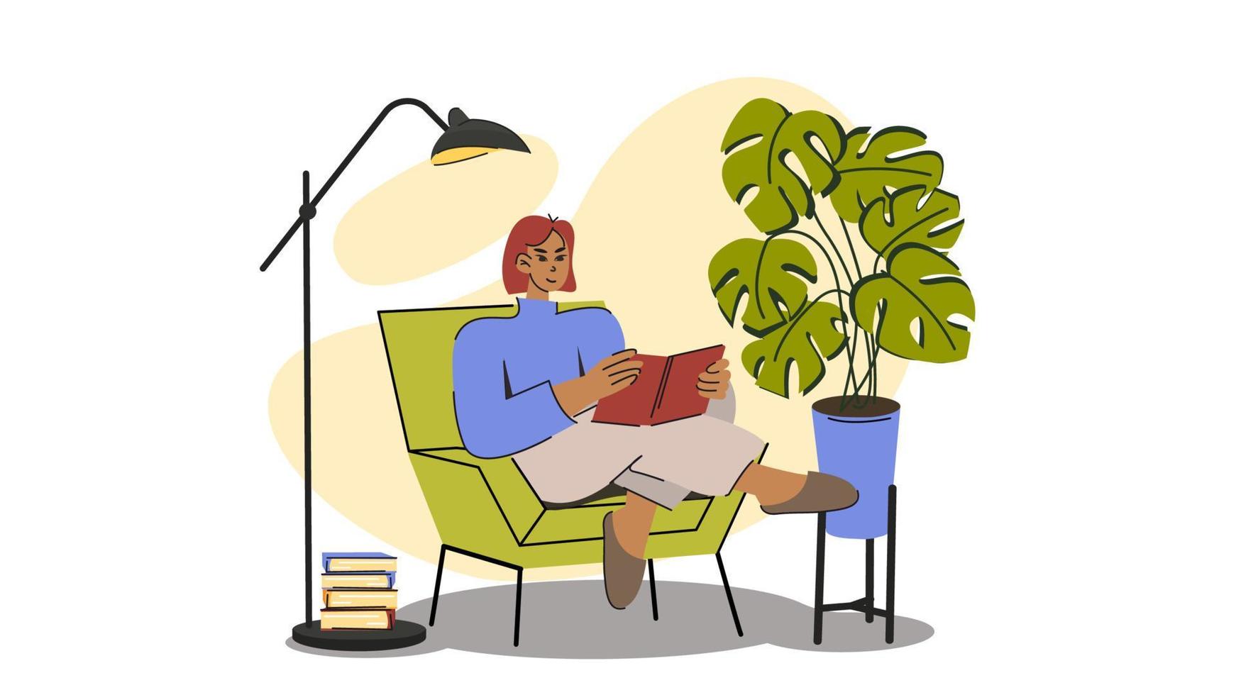 a girl in a cozy armchair reads a book under a floor lamp. vector flat illustration