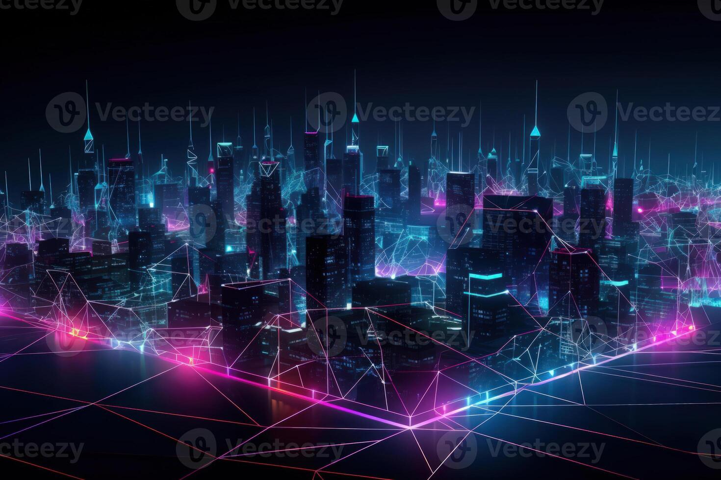 web network illuminated digital night city, cityscape web3 blockchain technology Internet connection photo