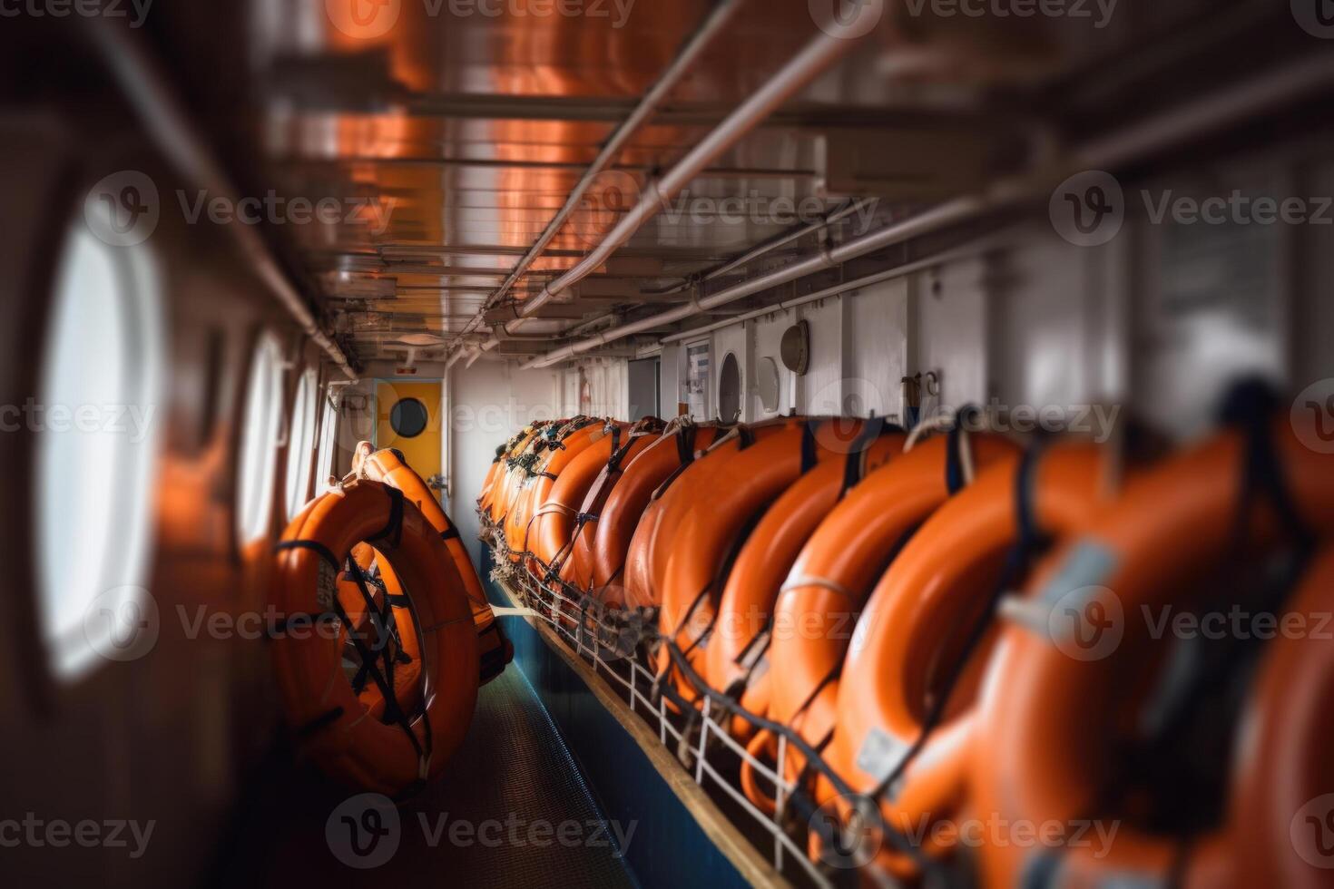 ship cabin with orange lifebuoys photo