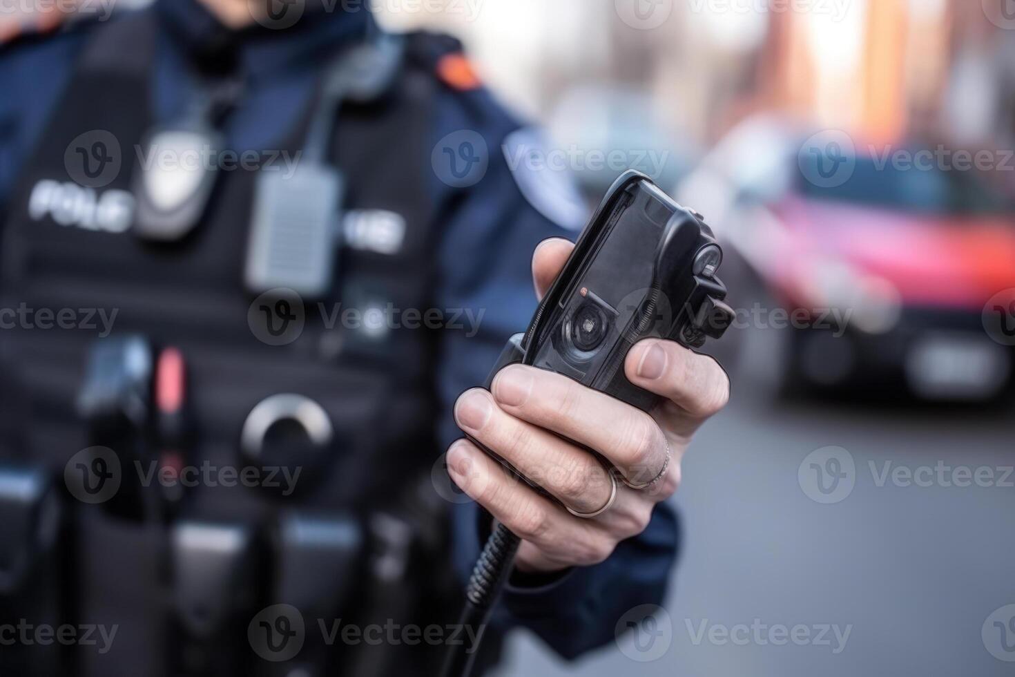 mano policía sostener walkie-talkie generativo ai foto