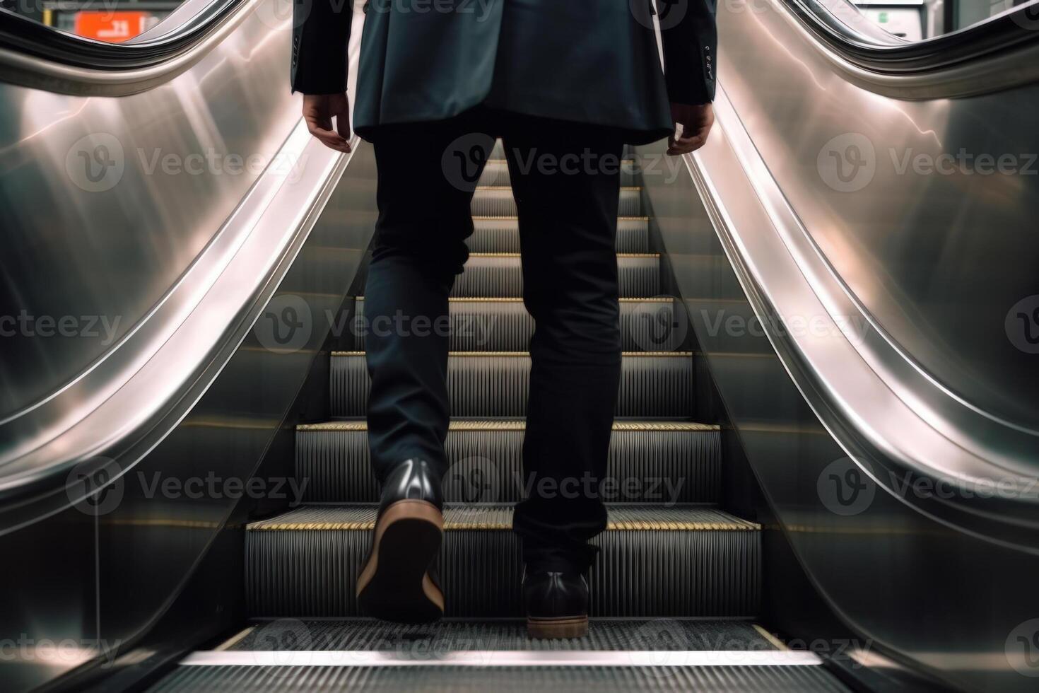 businessman legs in a suit and shoes climbing steir the escalator shopping center photo