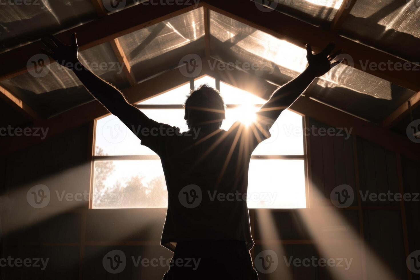 success victory concept silhouette man raised his hands up sunlight photo