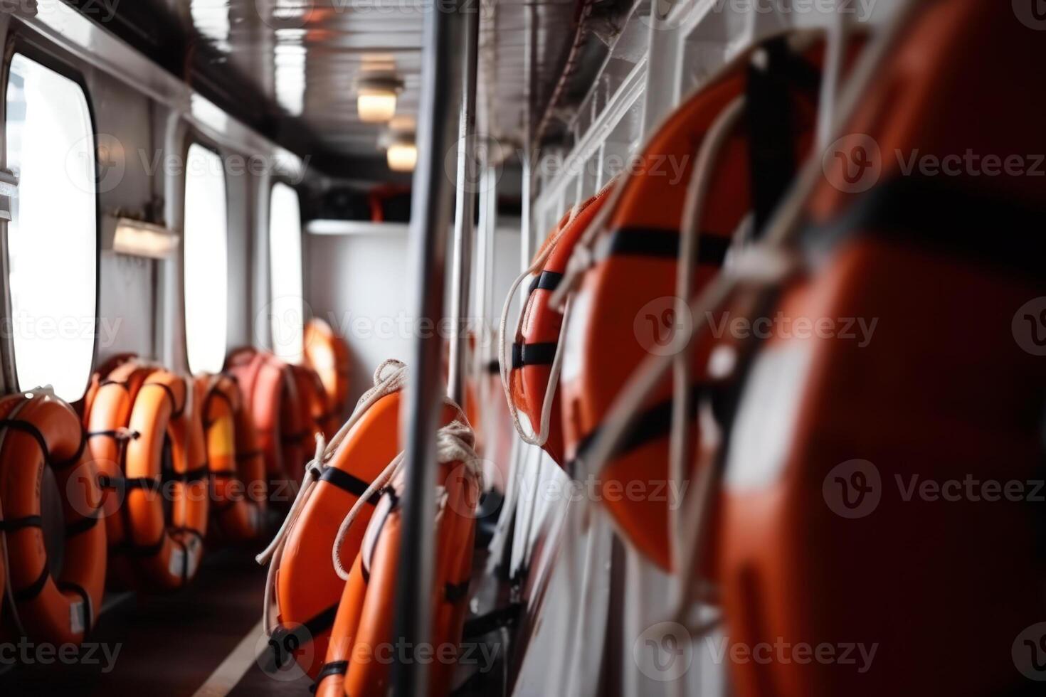 ship cabin with orange lifebuoys photo