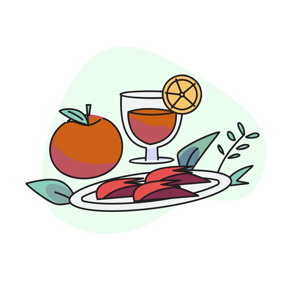 flat vector illustration, craft rabbit apple, orange juice and citrus fruits.