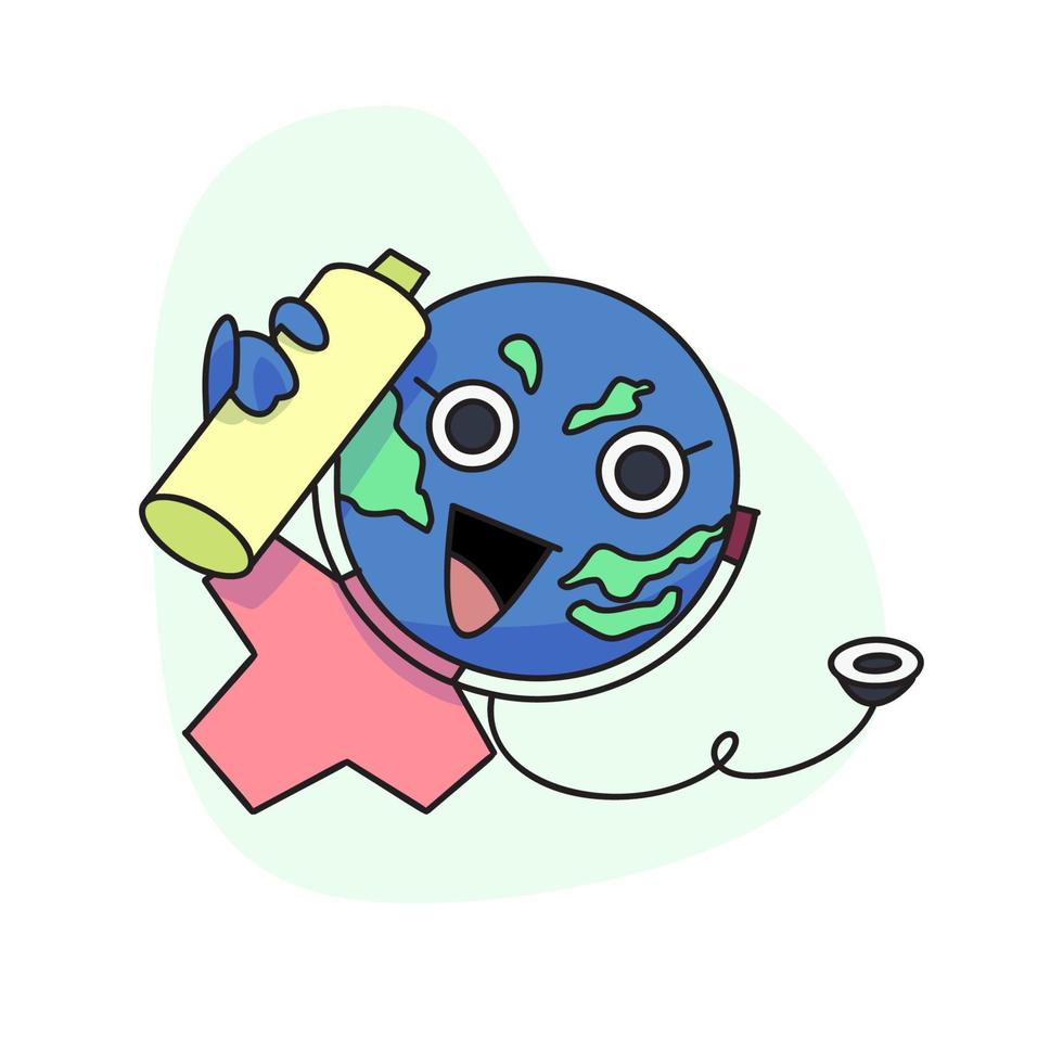 cute globe illustration with a stethoscope and drinking water and a cross as background. vector
